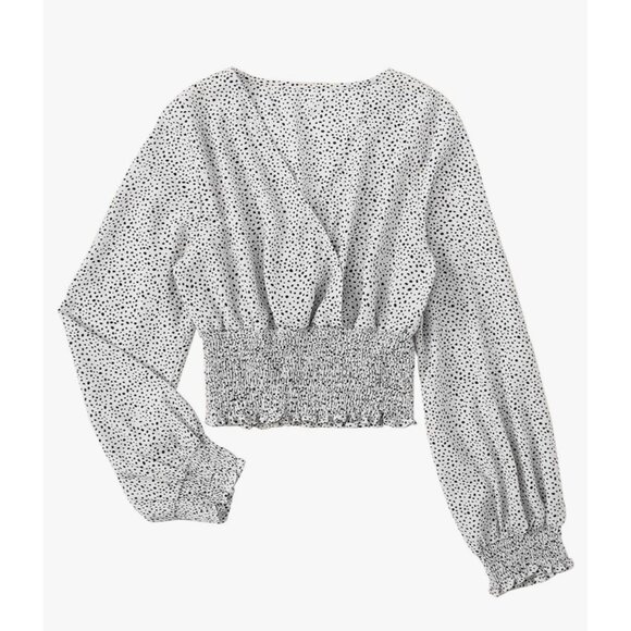 🍒 2/$20 🍒 Black & White Pebble Print Plunging Neckline Long Sleeve Blouse sz M - Picture 1 of 8